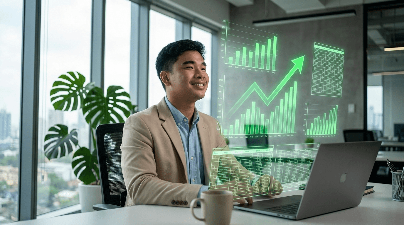 A Filipino CPA reviewer studying with glowing financial dashboards